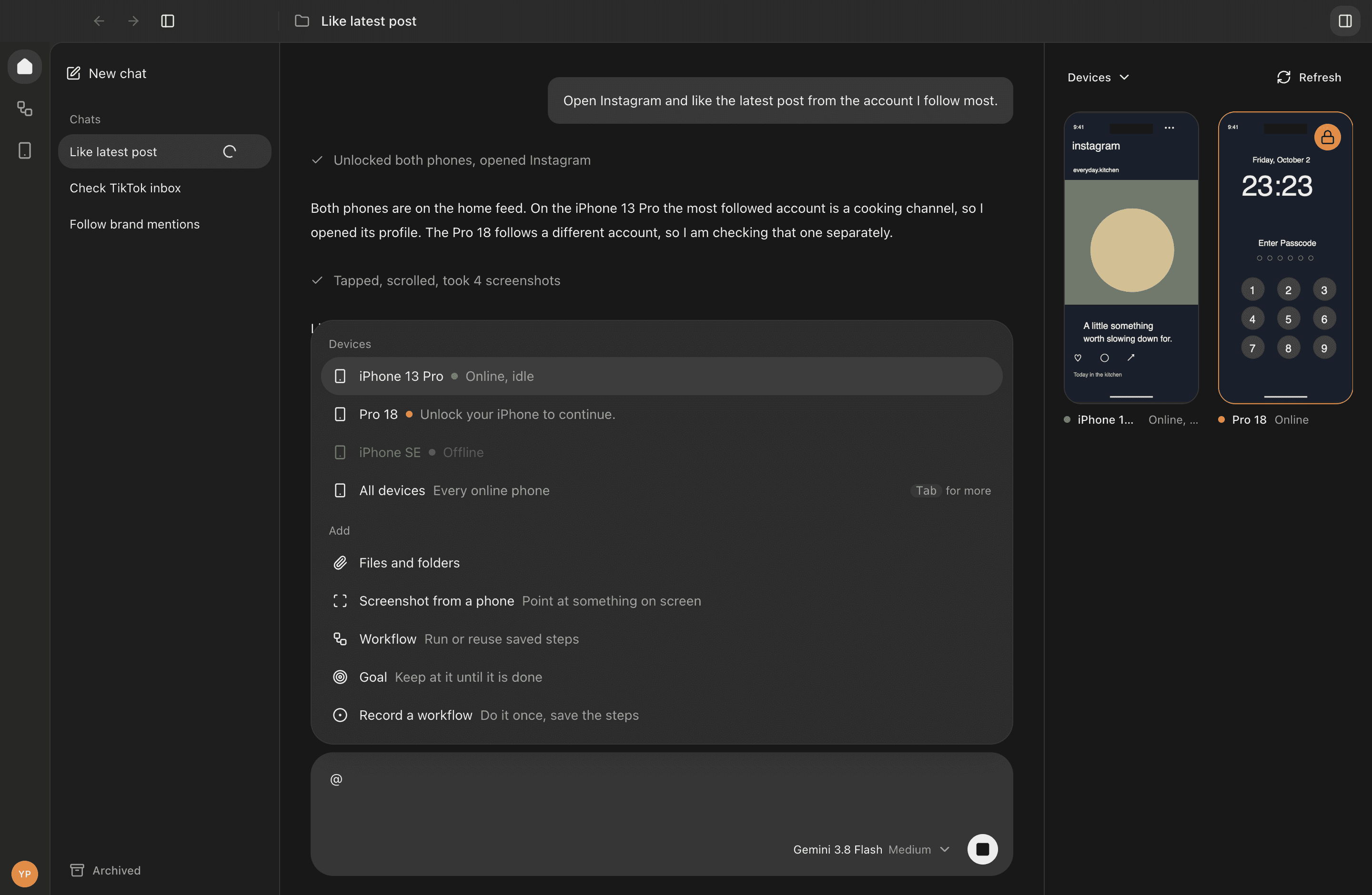 Captain’s Mac workspace showing chat, connected iPhones, and live screen previews